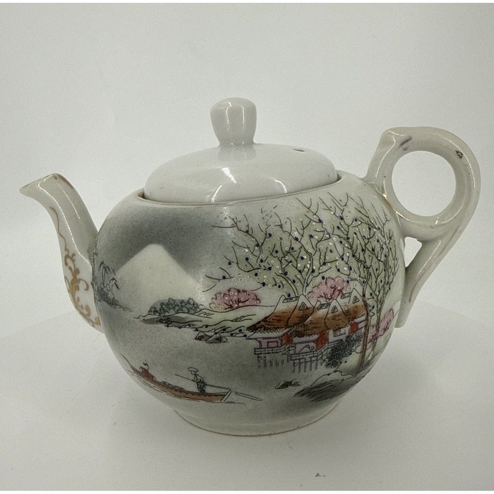 Vintage Nippon Hand Painted Teapot Moriage Asian Village Scene-Tea